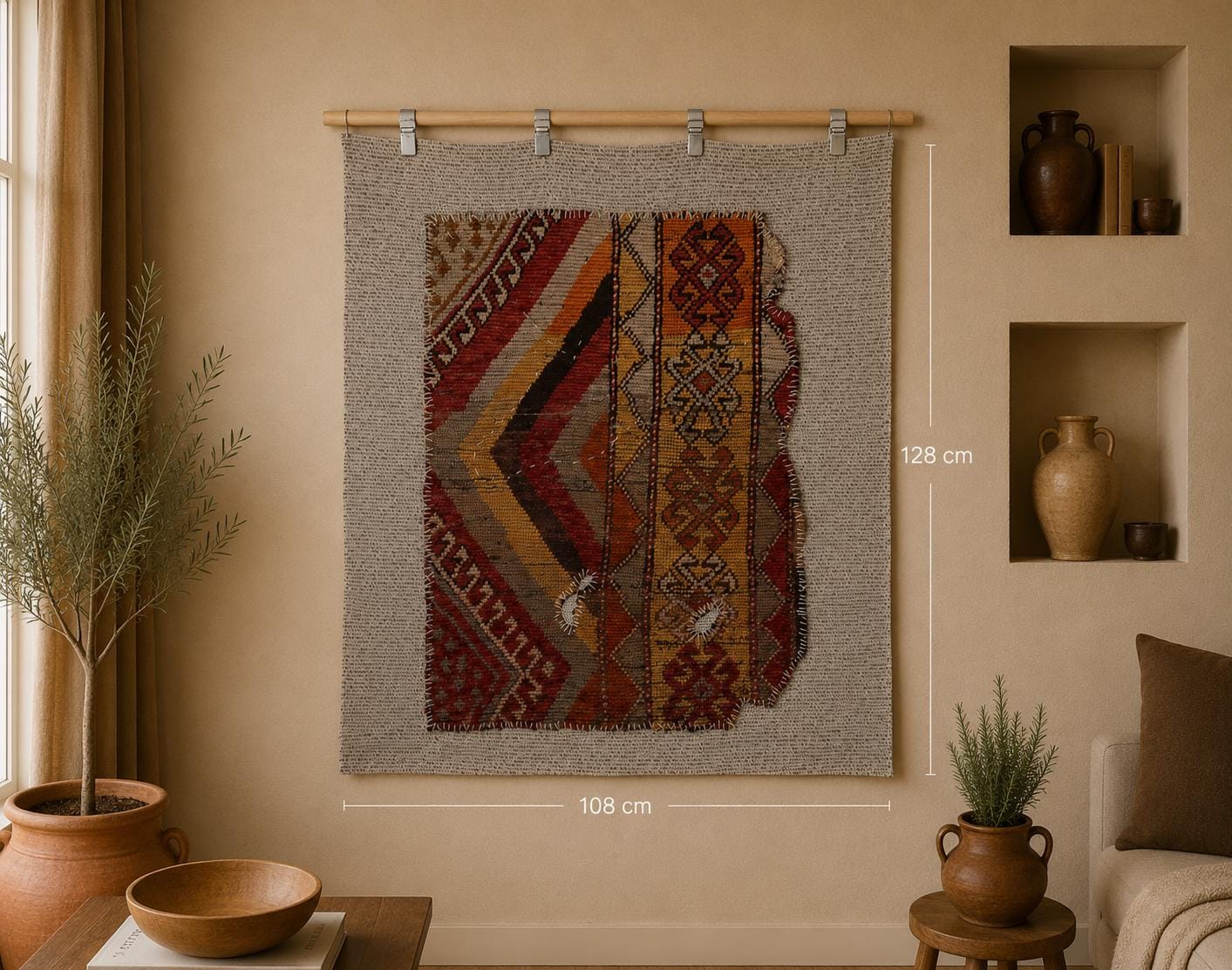 3x4 Vintage Turkish Tapestry Rug, Red Orange Tribal Textile Art, Handwoven Wool Cotton Wall Hanging