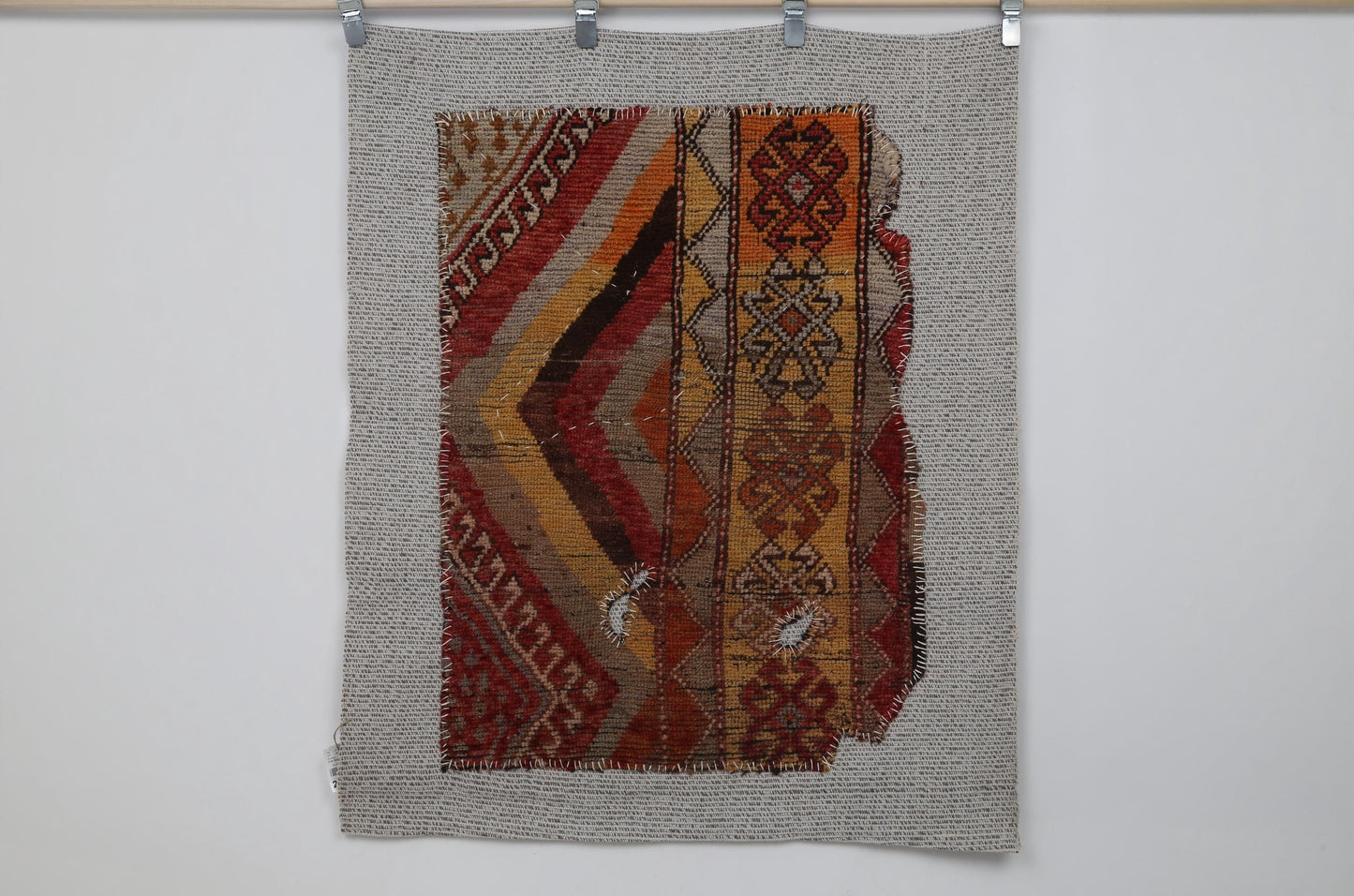3x4 Vintage Turkish Tapestry Rug, Red Orange Tribal Textile Art, Handwoven Wool Cotton Wall Hanging