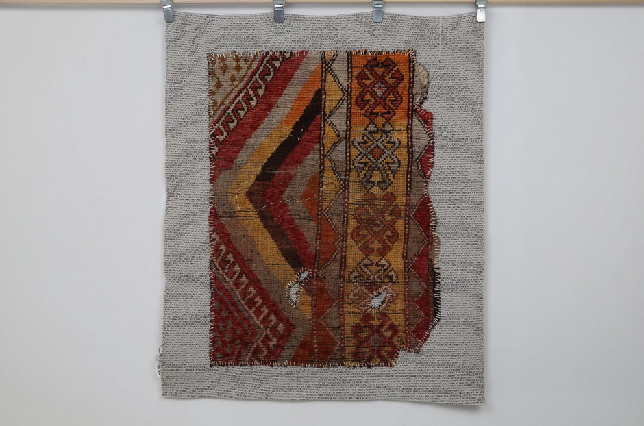 3x4 Vintage Turkish Tapestry Rug, Red Orange Tribal Textile Art, Handwoven Wool Cotton Wall Hanging