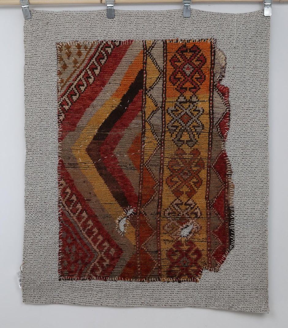 3x4 Vintage Turkish Tapestry Rug, Red Orange Tribal Textile Art, Handwoven Wool Cotton Wall Hanging