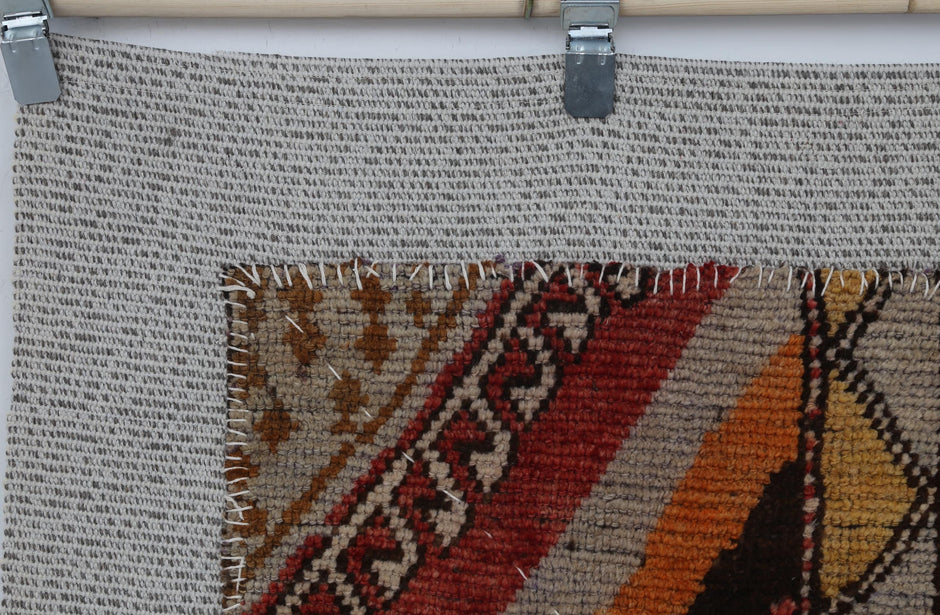 3x4 Vintage Turkish Tapestry Rug, Red Orange Tribal Textile Art, Handwoven Wool Cotton Wall Hanging