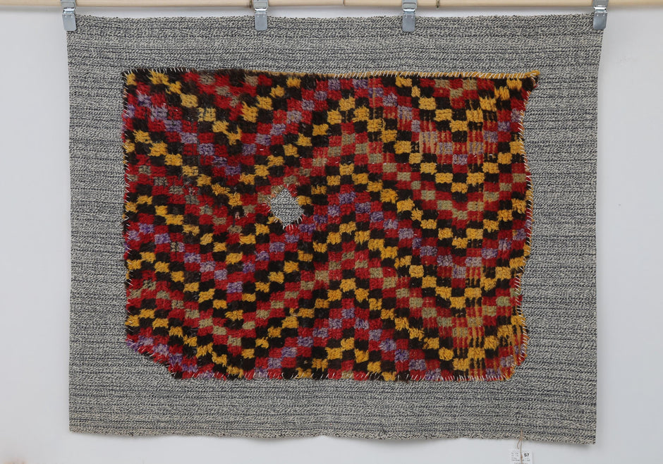 3x4 Vintage Turkish Tapestry Rug, Red Orange Tribal Textile Art, Handwoven Wool Cotton Wall Hanging