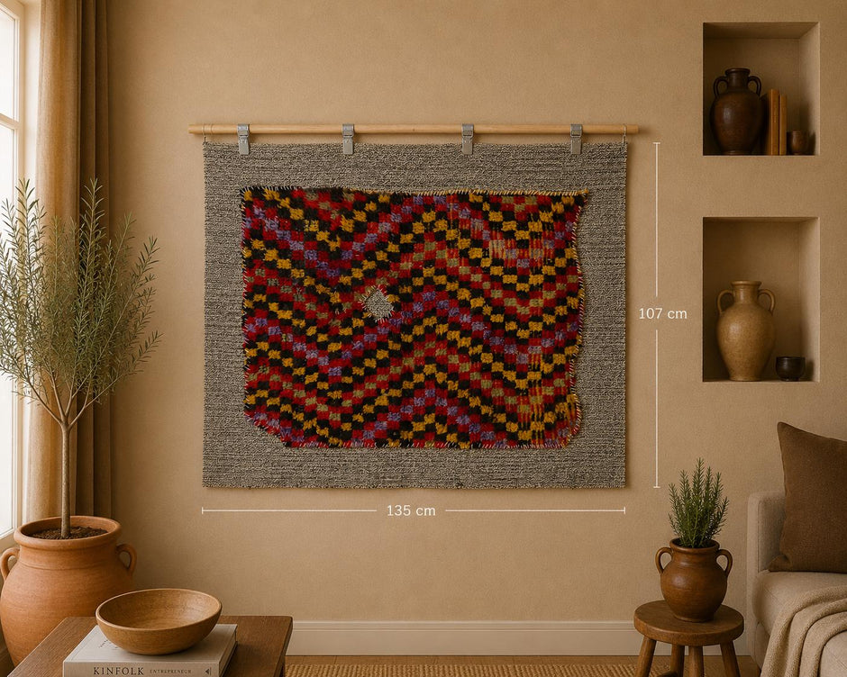 3x4 Vintage Turkish Tapestry Rug, Red Orange Tribal Textile Art, Handwoven Wool Cotton Wall Hanging