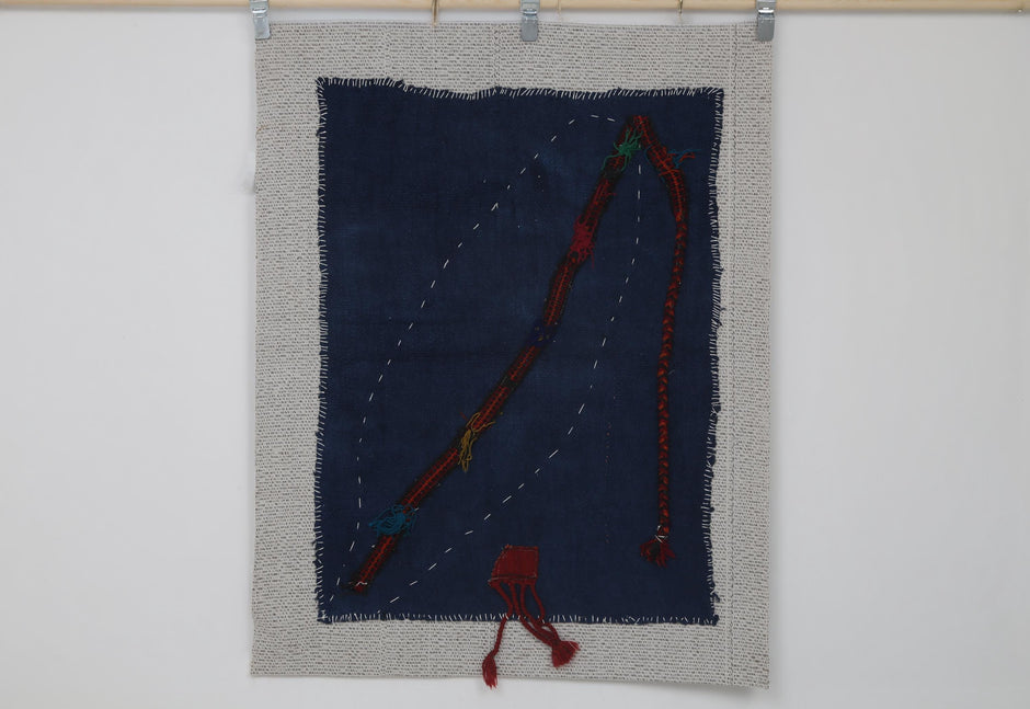 3x4 Vintage Turkish Blue Tapestry Rug, Minimalist Handwoven Textile Art, Wool Cotton Wall Hanging