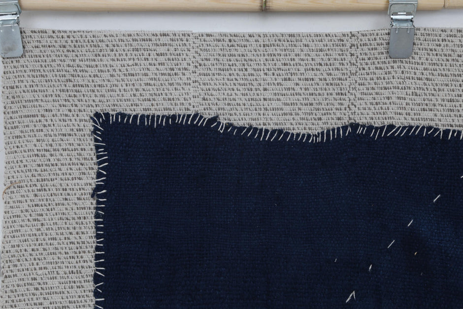 3x4 Vintage Turkish Blue Tapestry Rug, Minimalist Handwoven Textile Art, Wool Cotton Wall Hanging