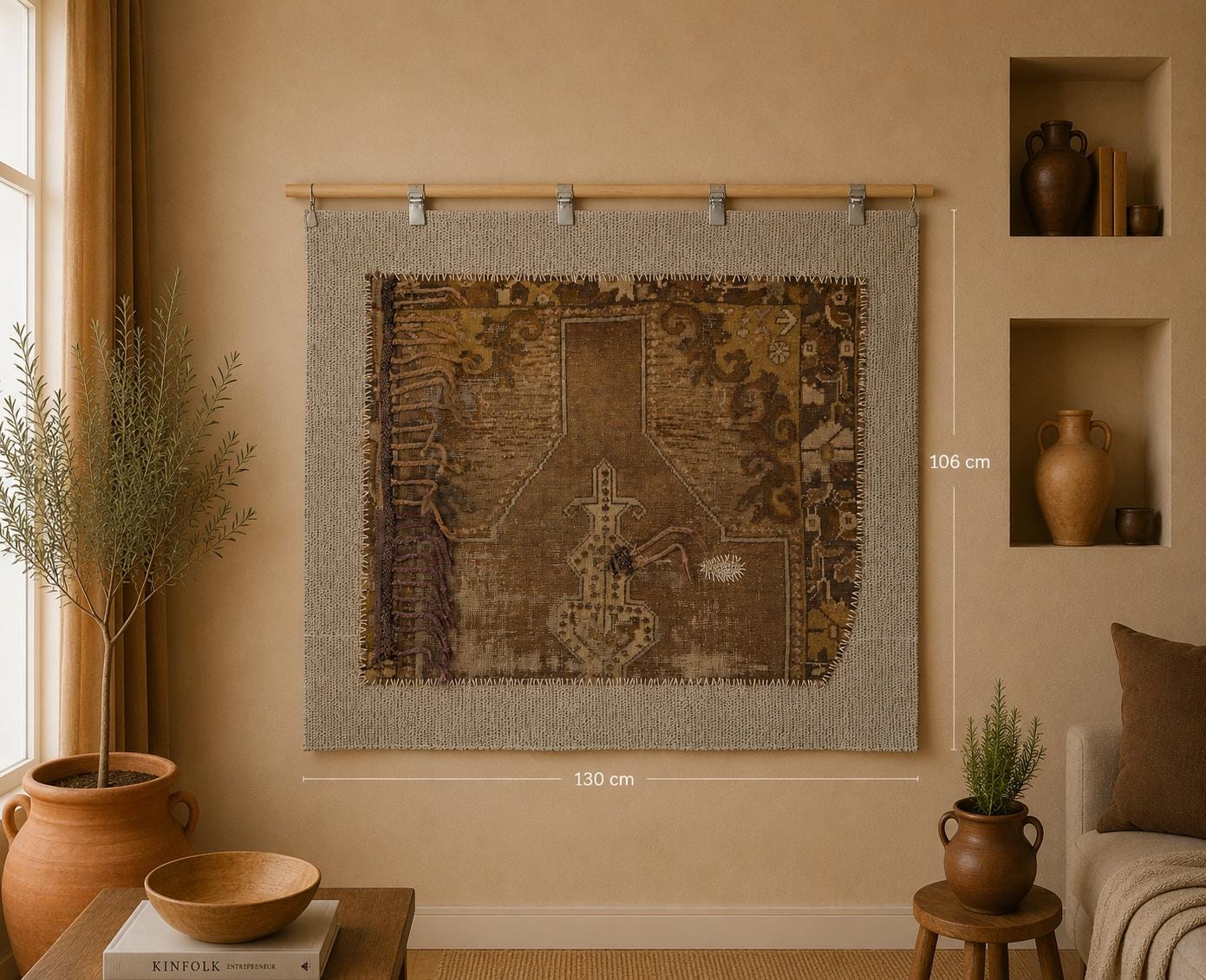 3x4 Vintage Turkish Brown Tapestry Rug, Tribal Handwoven Wool Cotton Textile, Rustic Wall Hanging