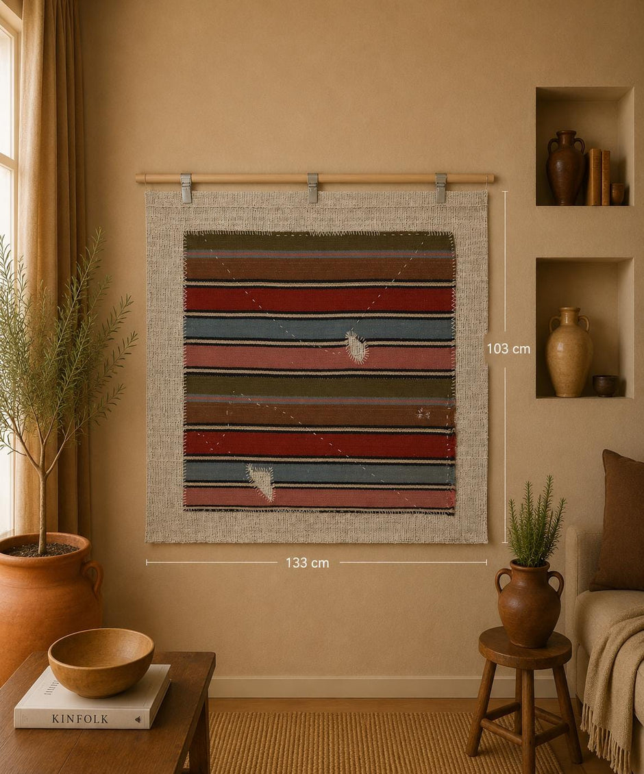 3x4 Vintage Turkish Striped Tapestry Rug, Multicolor Wool Wall Hanging, Handmade Tribal Textile Decor