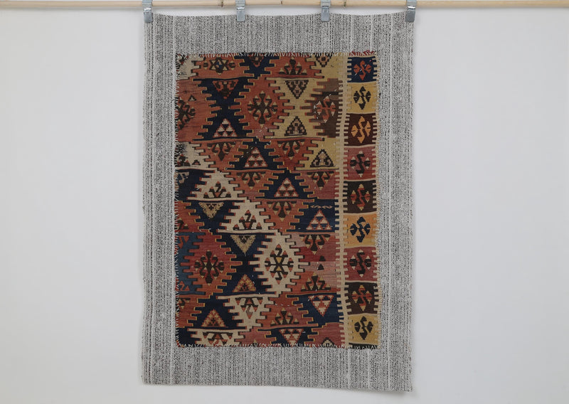 Vintage Turkish Kilim Tapestry Rug, Rust Black Diamond Wall Hanging (3'5" x 4'9")