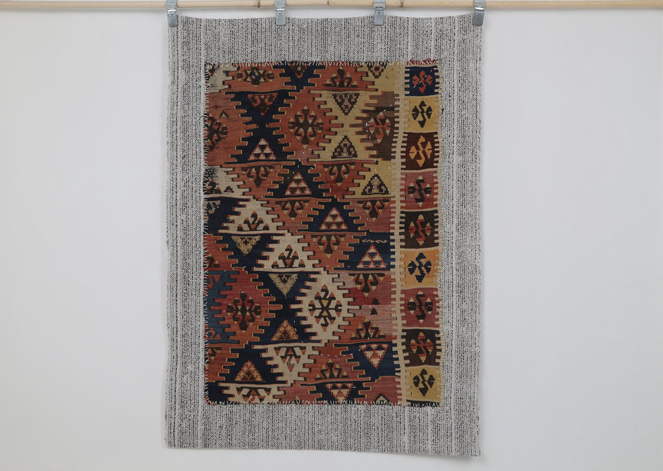 3x5 Vintage Turkish Kilim Tapestry Rug, Multicolor Geometric Wool Wall Hanging, Handmade Tribal Textile Art
