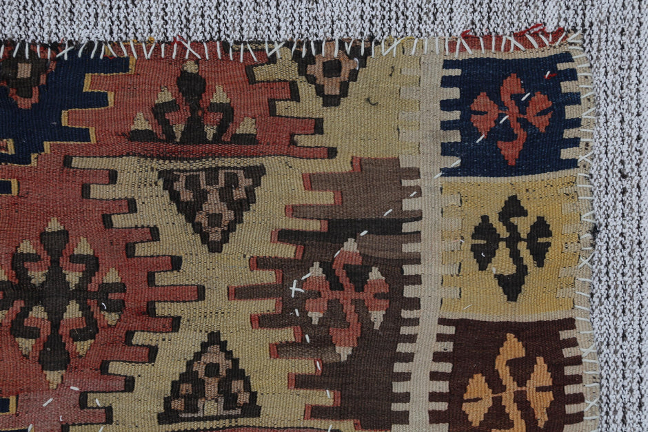 3x5 Vintage Turkish Kilim Tapestry Rug, Multicolor Geometric Wool Wall Hanging, Handmade Tribal Textile Art