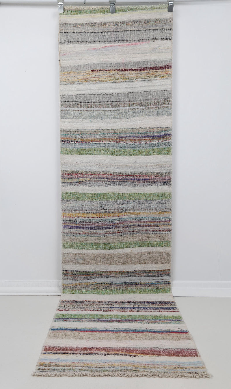 3x9 Vintage Turkish Kilim Runner Rug, Multicolor Striped Wool Cotton Hallway Rug, Handwoven Flatweave Decor