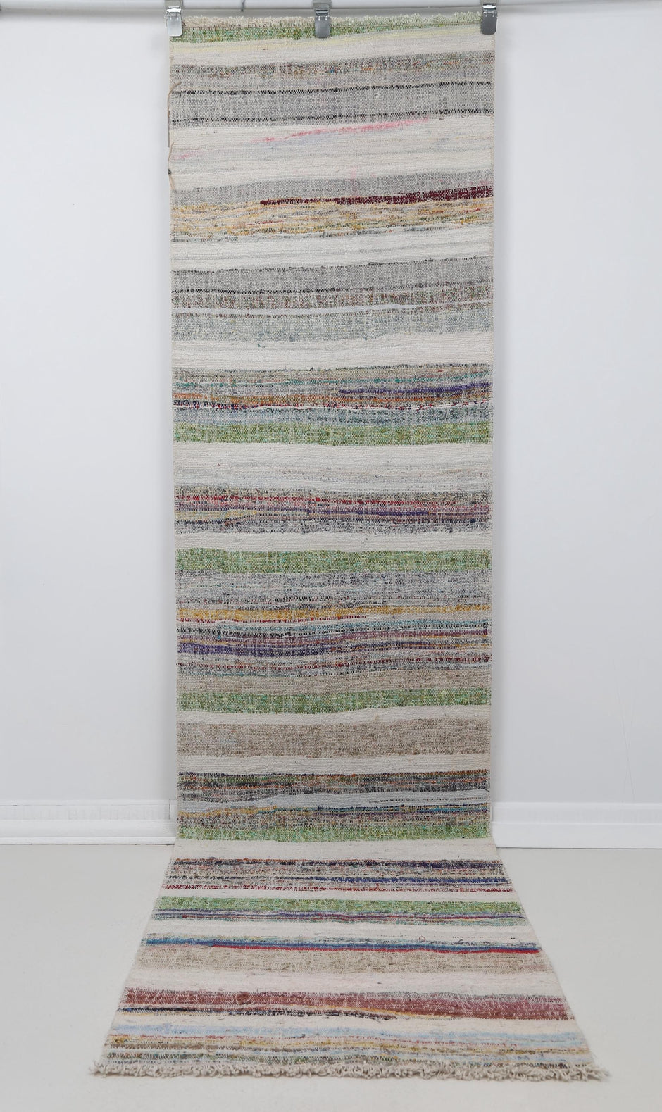 3x9 Vintage Turkish Kilim Runner Rug, Multicolor Striped Wool Cotton Hallway Rug, Handwoven Flatweave Decor