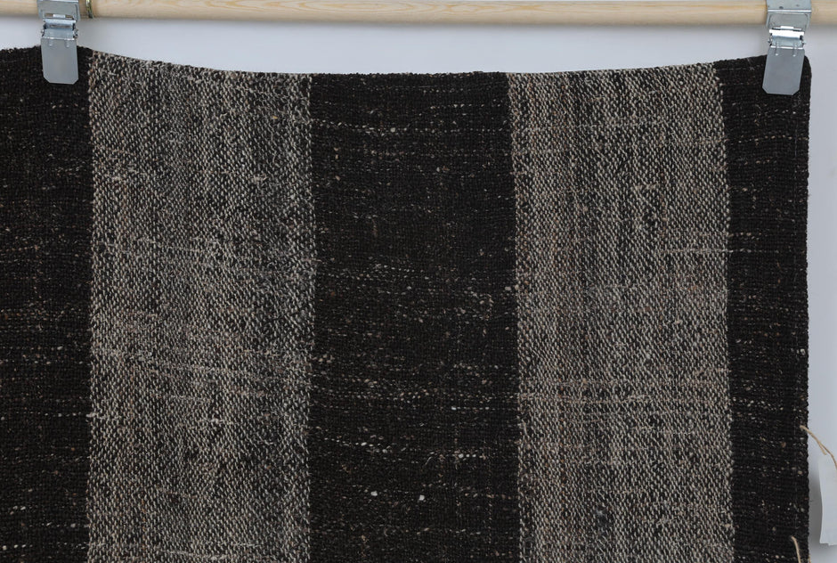 6x10 Vintage Turkish Flatweave Rug, Black Brown Striped Kilim, Handmade Wool Cotton Area Rug