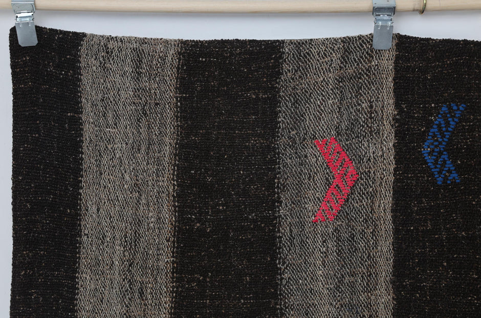 6x10 Vintage Turkish Flatweave Rug, Black Brown Striped Kilim, Handmade Wool Cotton Area Rug