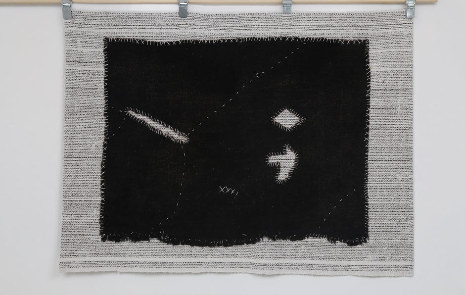 3x5 Vintage Turkish Black Tapestry Rug, Handwoven Wool Wall Hanging, Minimalist Abstract Textile Art