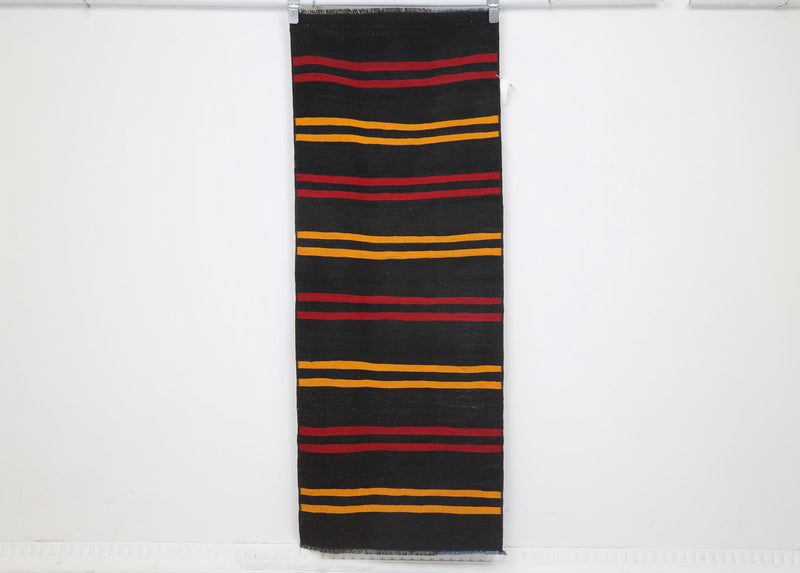 2x6 Vintage Turkish Kilim Runner, Handmade Wool Cotton Rug, Black Red Striped Hallway Rug, Tribal Flatweave Boho Decor