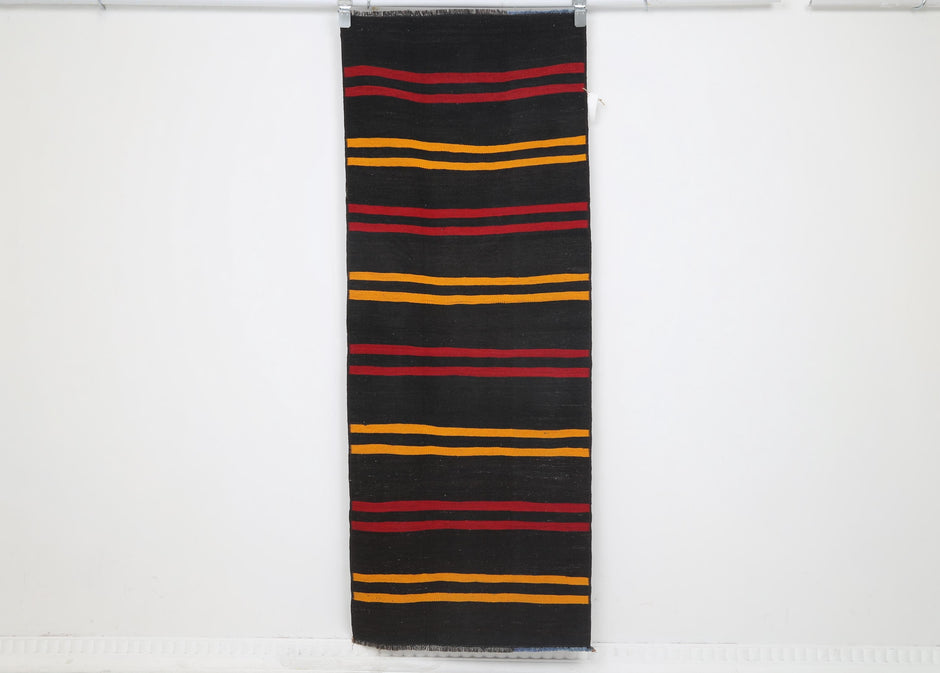 2x6 Vintage Turkish Kilim Runner, Handmade Wool Cotton Rug, Black Red Striped Hallway Rug, Tribal Flatweave Boho Decor