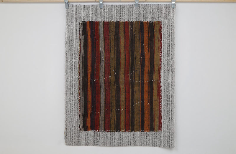 Vintage Turkish Tapestry Rug, Burgundy Black Striped Wall Hanging (3'4" x 4'5")