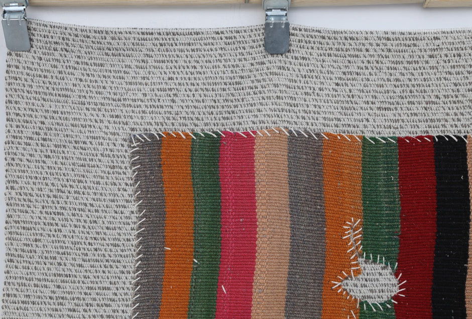 3x4 Vintage Turkish Striped Tapestry Rug, Handwoven Wool Wall Hanging, Multicolor Textile Art