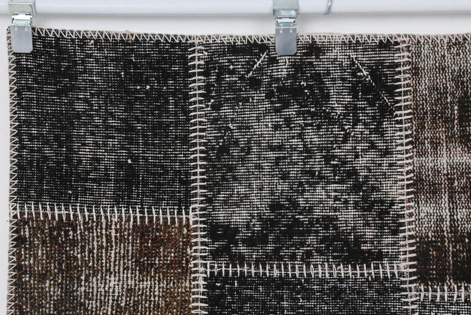 4x6 Vintage Turkish Patchwork Tapestry Rug, Black Brown Wool Cotton Textile Wall Hanging, Woven Wall Art
