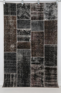 4x6 Vintage Turkish Patchwork Tapestry Rug, Black Brown Wool Cotton Textile Wall Hanging, Woven Wall Art