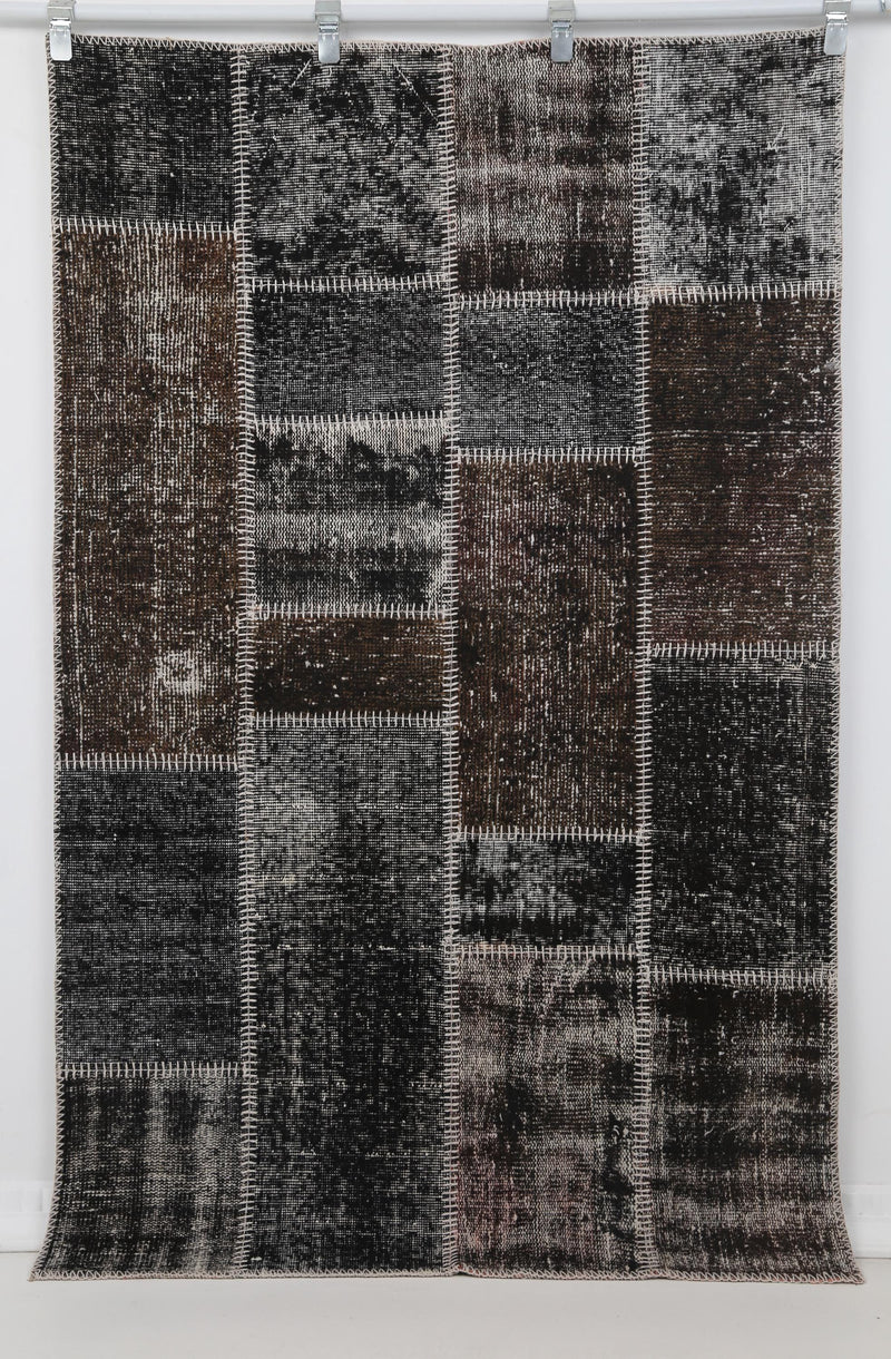 4x6 Vintage Turkish Patchwork Tapestry Rug, Black Brown Wool Cotton Textile Wall Hanging, Woven Wall Art