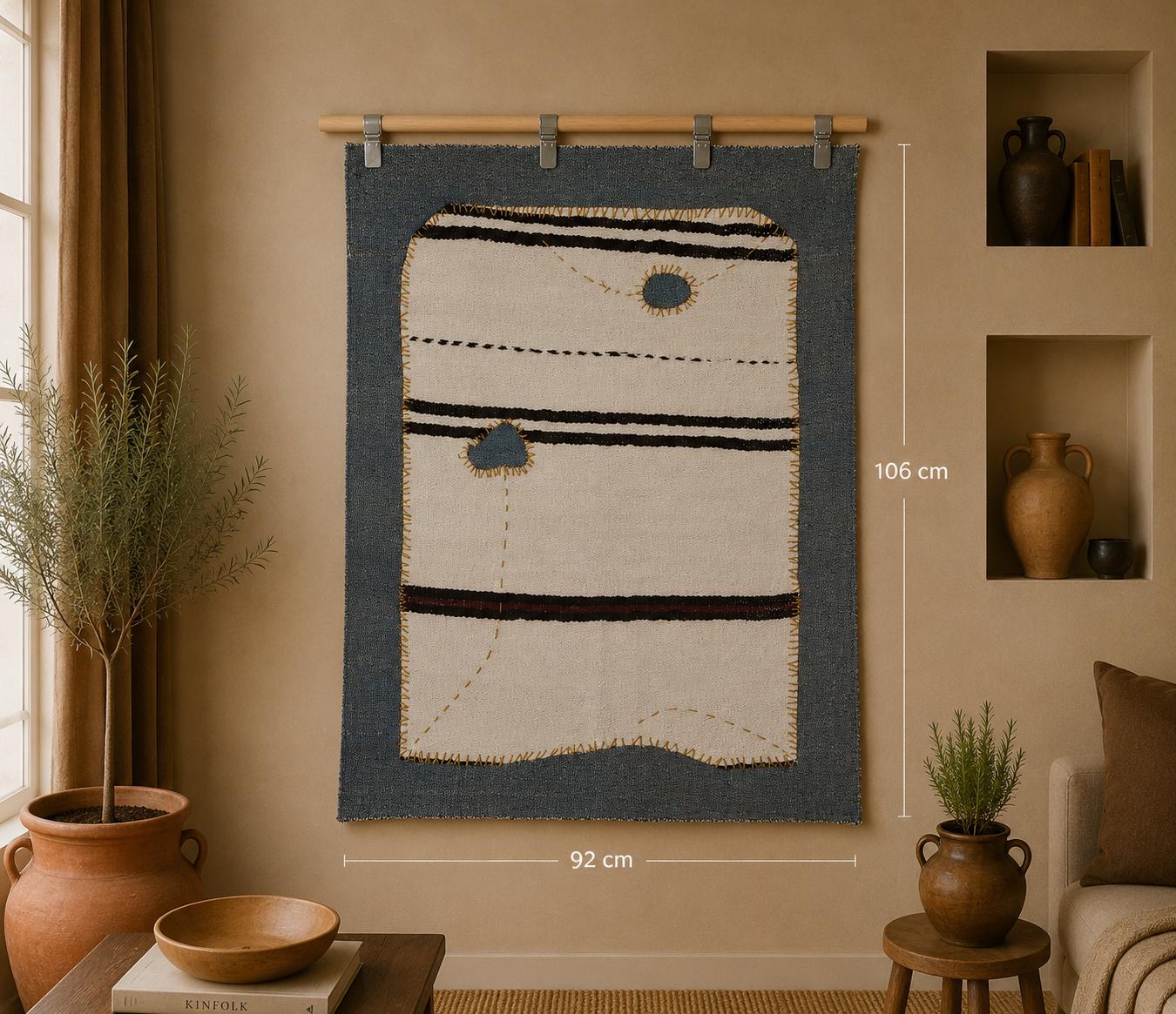 3x4 Vintage Hemp Tapestry Rug, Minimalist Turkish Wall Hanging, White Handmade Textile Art