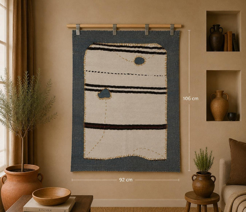 Vintage Turkish Tapestry Rug, White Blue Striped Wall Hanging (3' x 3'5") - photo 1 of 10
