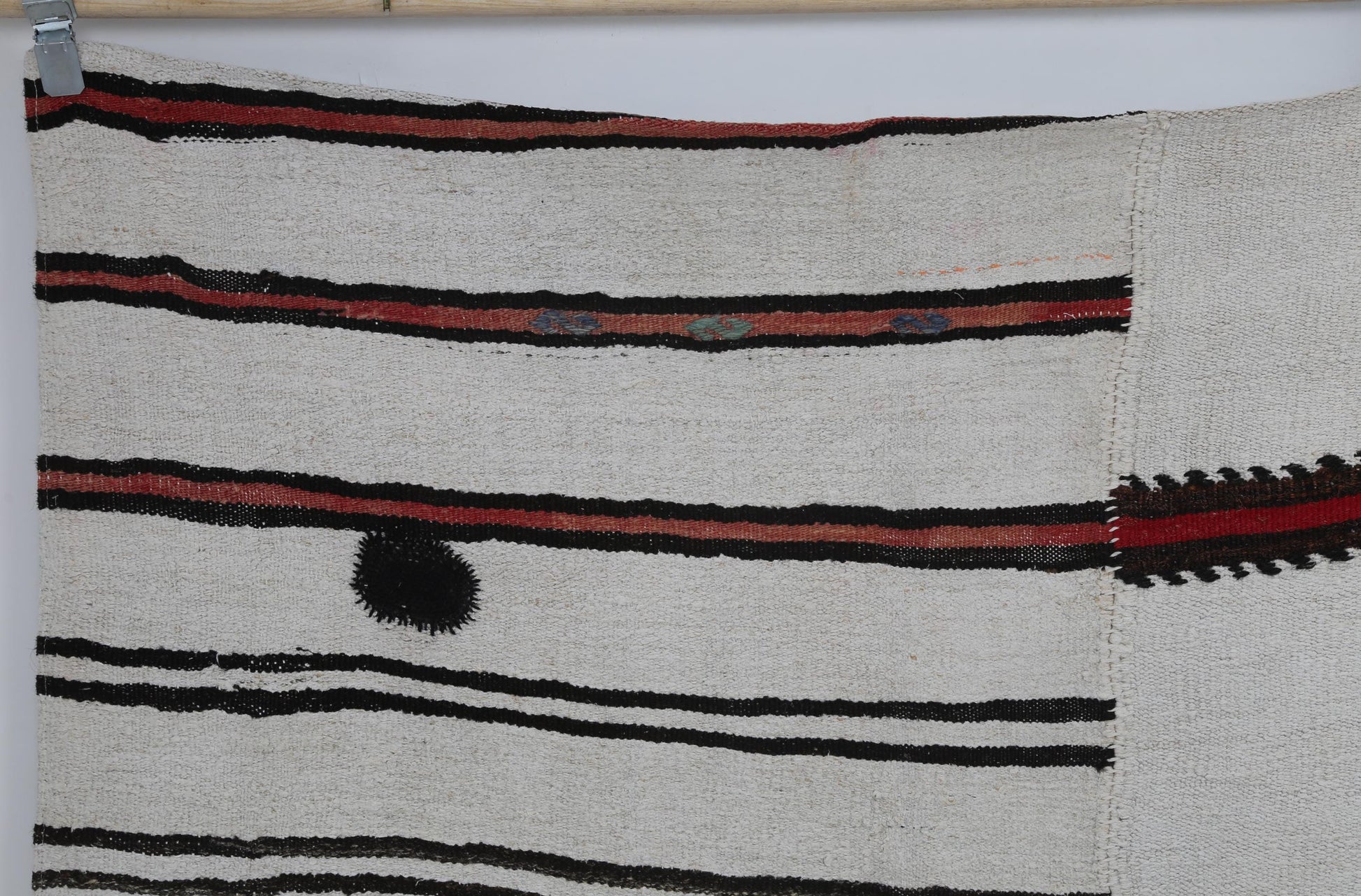 9x11 Vintage Turkish Hemp Rug, Handmade White Striped Flatweave Area Rug, Large Tribal Wool Hemp Carpet