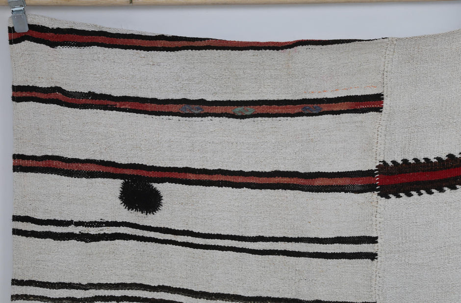 9x11 Vintage Turkish Hemp Rug, Handmade White Striped Flatweave Area Rug, Large Tribal Wool Hemp Carpet