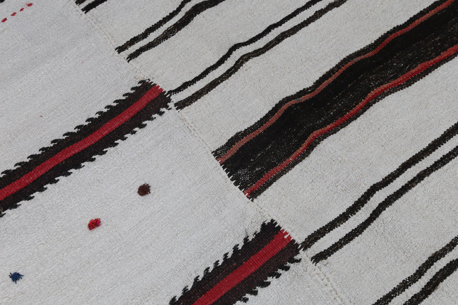 9x11 Vintage Turkish Hemp Rug, Handmade White Striped Flatweave Area Rug, Large Tribal Wool Hemp Carpet