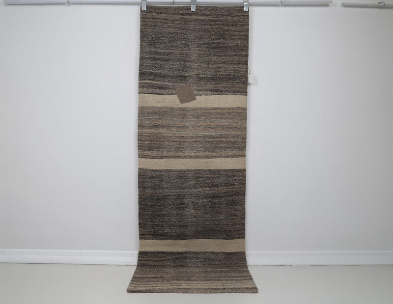 2x8 Vintage Turkish Flatweave Runner Rug, Handmade Brown Striped Wool Runner, Minimalist Hallway Rug, Rustic Farmhouse Decor