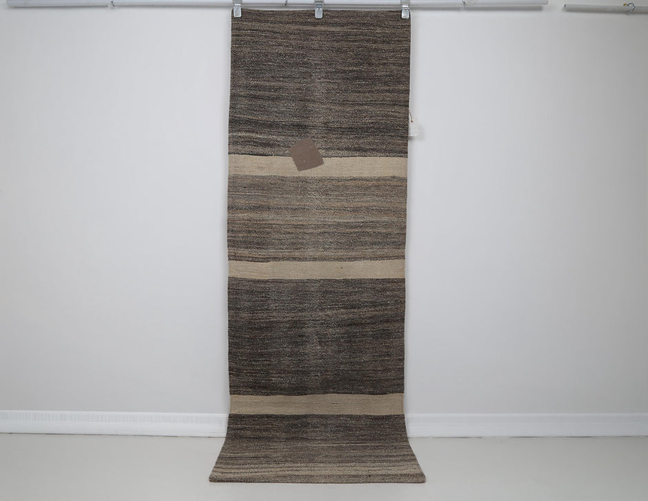 2x8 Vintage Turkish Flatweave Runner Rug, Handmade Brown Striped Wool Runner, Minimalist Hallway Rug, Rustic Farmhouse Decor