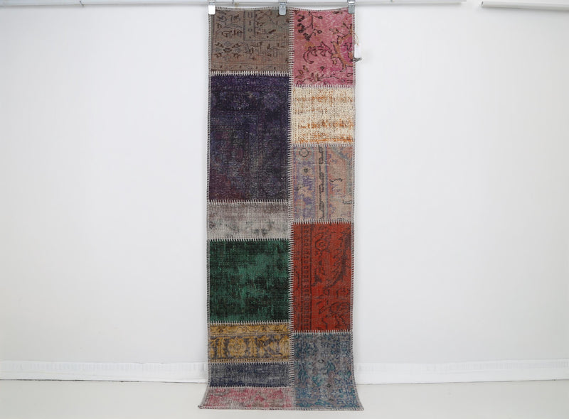 2x7 Vintage Turkish Patchwork Runner Rug, Handmade Wool Cotton Hallway Rug, Multicolor Patchwork Carpet, One of a Kind