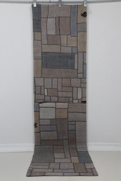 2x8 Vintage Hemp Patchwork Runner Rug, Handmade Turkish Hallway Rug, Neutral Gray Patchwork Carpet, One of a Kind