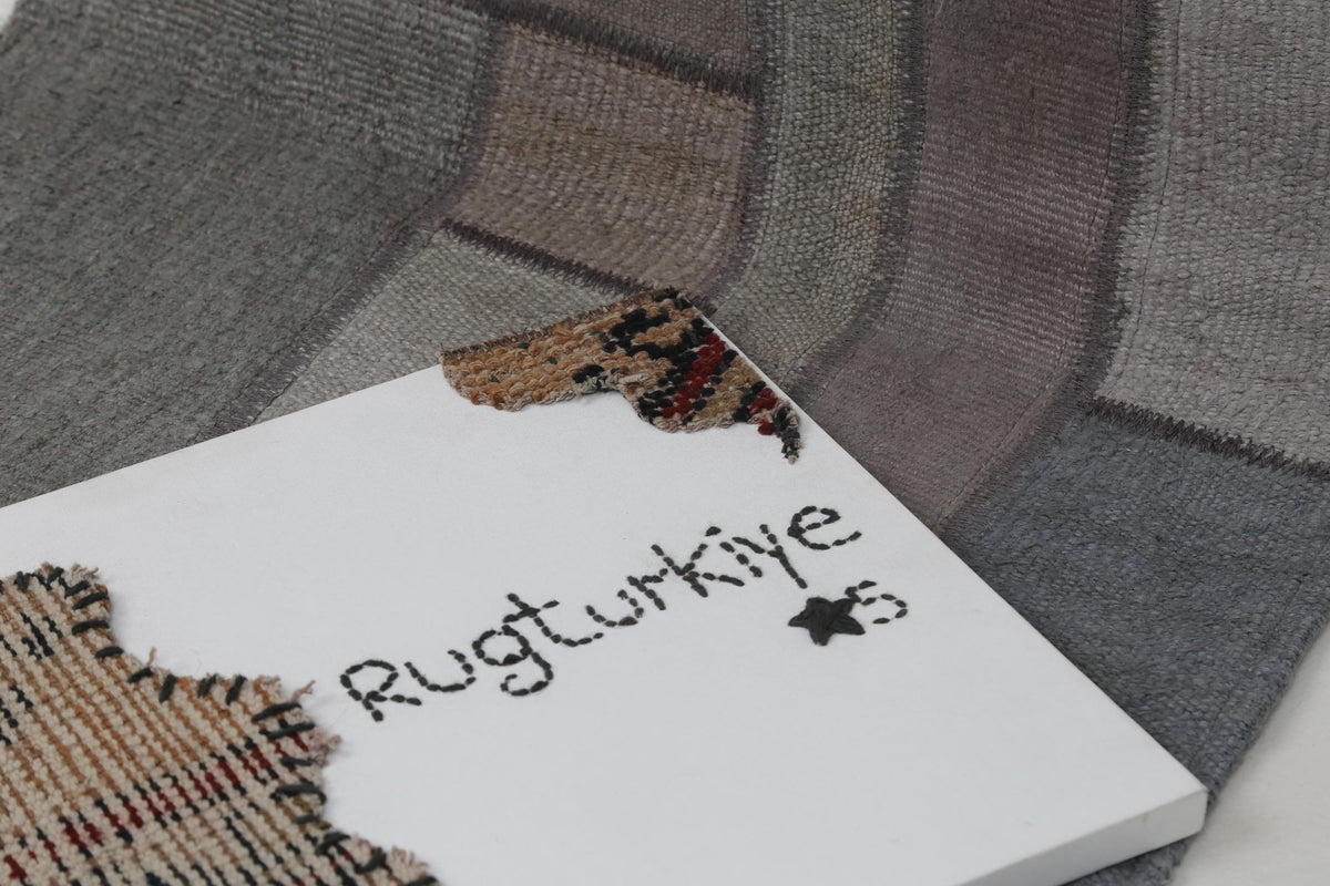 2x8 Vintage Hemp Patchwork Runner Rug, Handmade Turkish Hallway Rug, Neutral Gray Patchwork Carpet, One of a Kind
