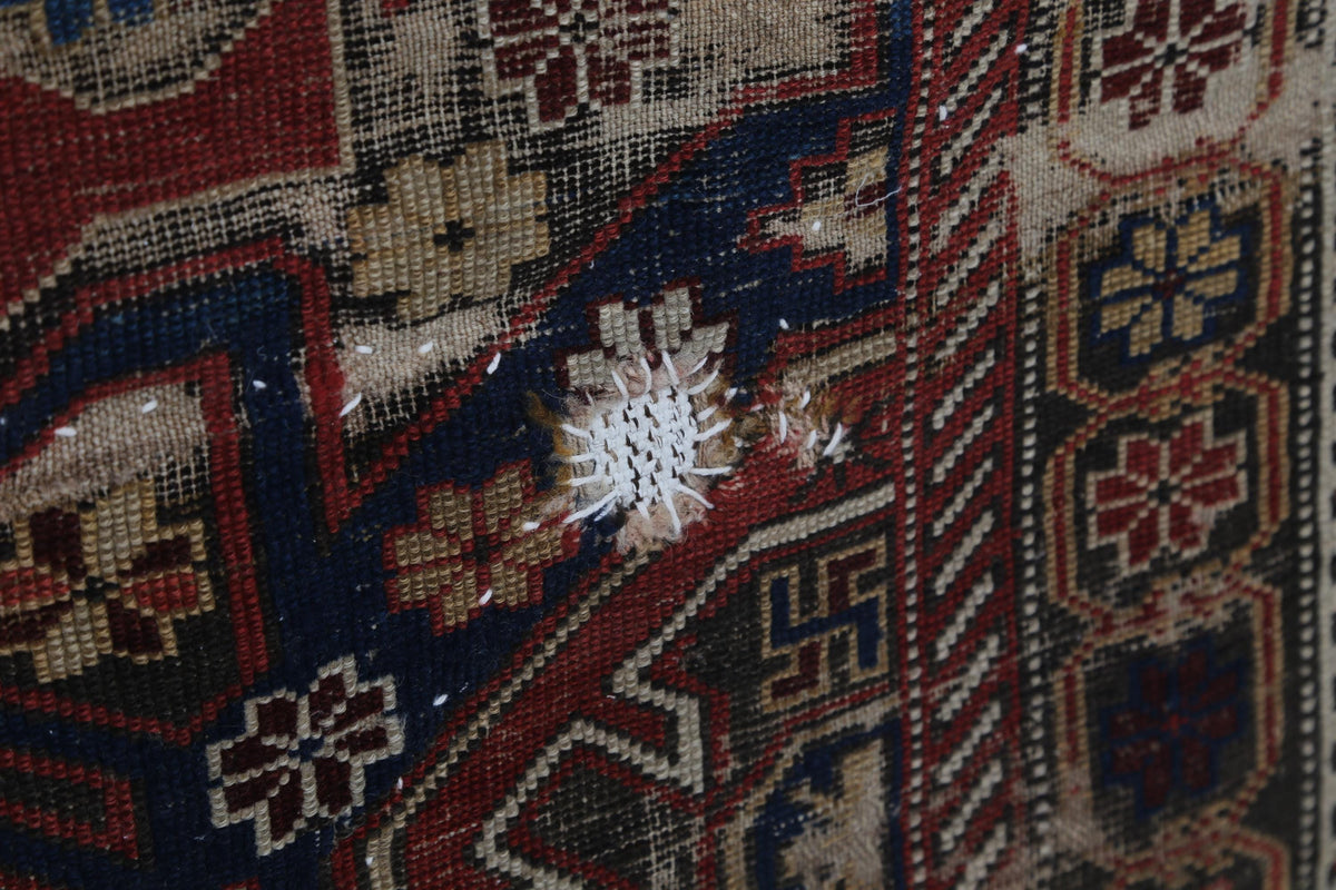 4x6 Antique Caucasian Tapestry Rug, Red Blue Tribal Wall Hanging, 100+ Year Old Wool Cotton Textile Art
