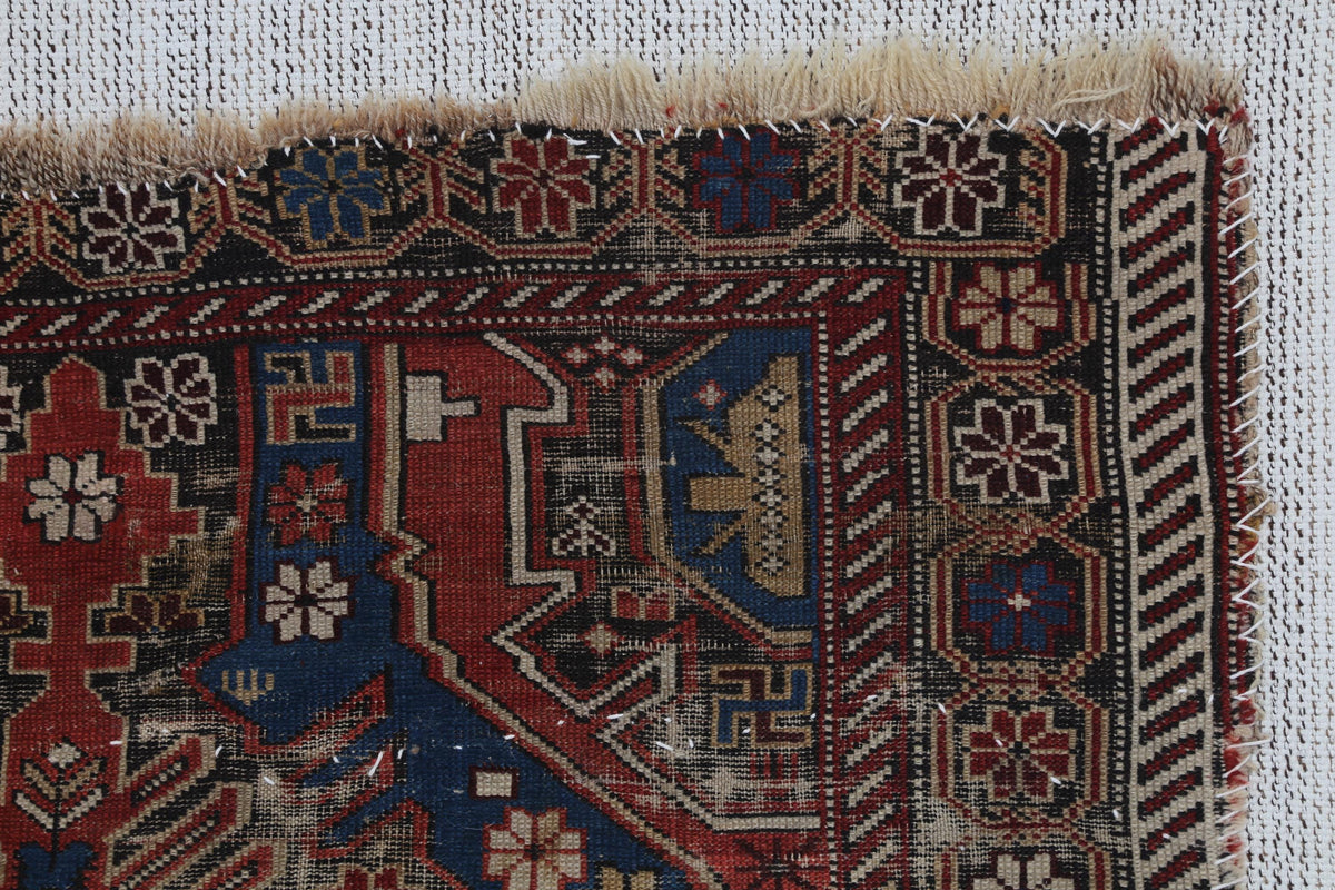 4x6 Antique Caucasian Tapestry Rug, Red Blue Tribal Wall Hanging, 100+ Year Old Wool Cotton Textile Art