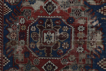 4x6 Antique Caucasian Tapestry Rug, Red Blue Tribal Wall Hanging, 100+ Year Old Wool Cotton Textile Art