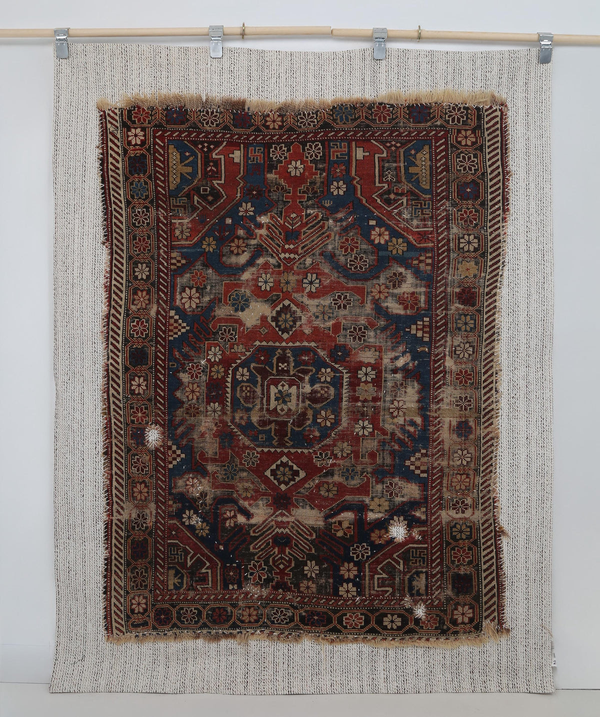 4x6 Antique Caucasian Tapestry Rug, Red Blue Tribal Wall Hanging, 100+ Year Old Wool Cotton Textile Art