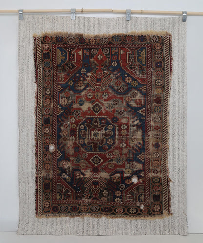 4x6 Antique Caucasian Tapestry Rug, Red Blue Tribal Wall Hanging, 100+ Year Old Wool Cotton Textile Art