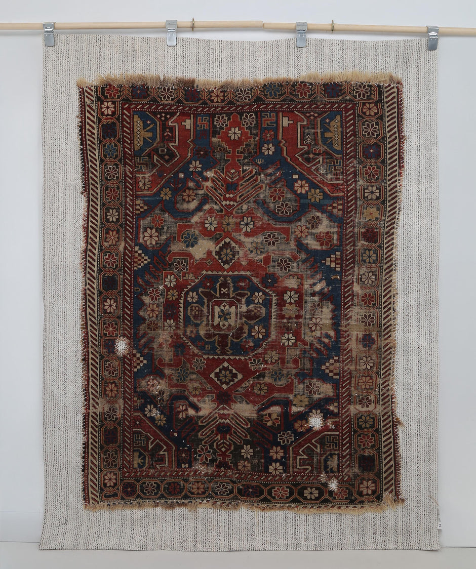 4x6 Antique Caucasian Tapestry Rug, Red Blue Tribal Wall Hanging, 100+ Year Old Wool Cotton Textile Art