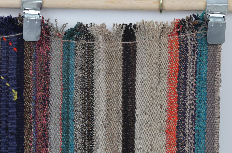 3x9 Vintage Flatweave Runner Rug, Multicolor Striped Turkish Hallway Rug, Handmade Wool Cotton Long Runner