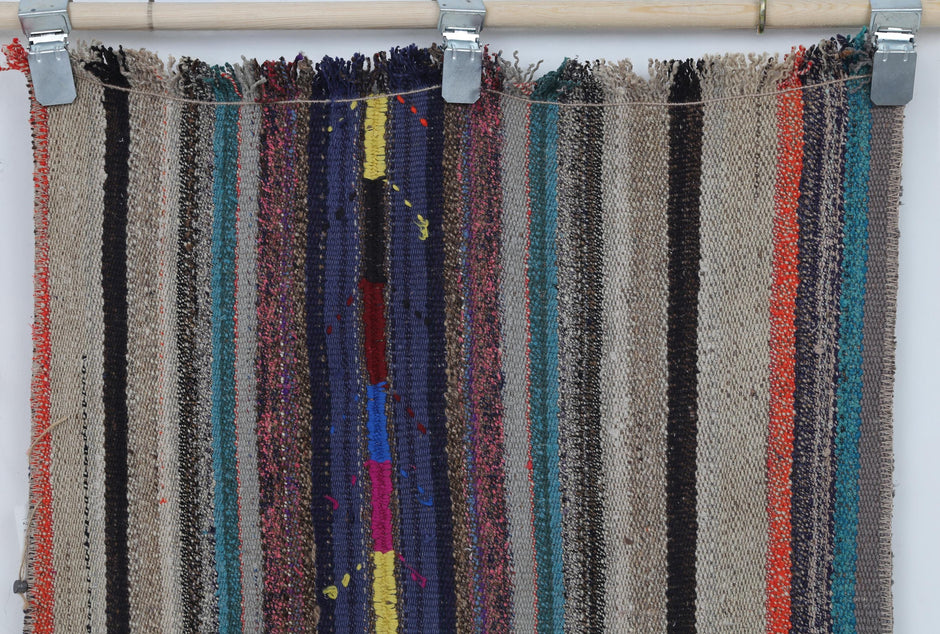 3x9 Vintage Flatweave Runner Rug, Multicolor Striped Turkish Hallway Rug, Handmade Wool Cotton Long Runner