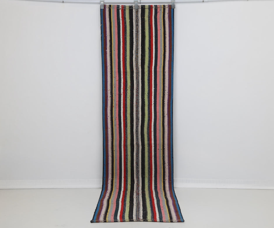 3x9 Vintage Turkish Kilim Runner Rug, Multicolor Striped Hallway Rug, Handmade Wool Cotton Flatweave Decor