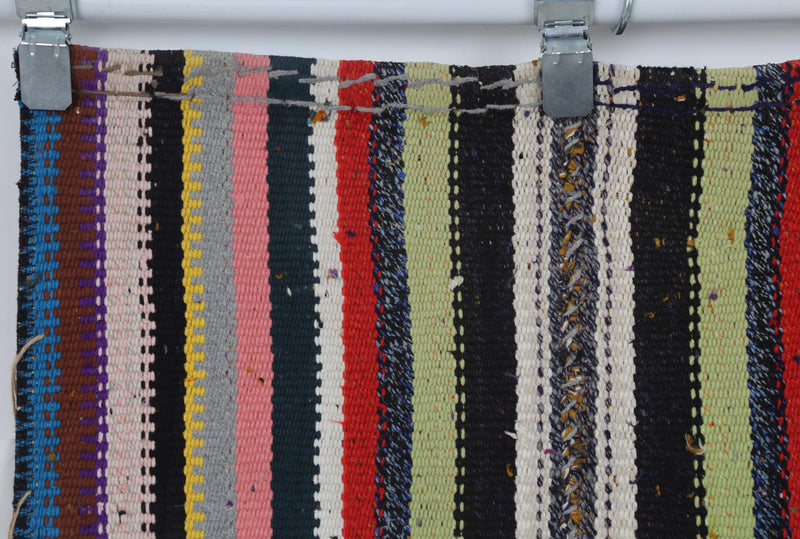 3x9 Vintage Turkish Kilim Runner Rug, Multicolor Striped Hallway Rug, Handmade Wool Cotton Flatweave Decor