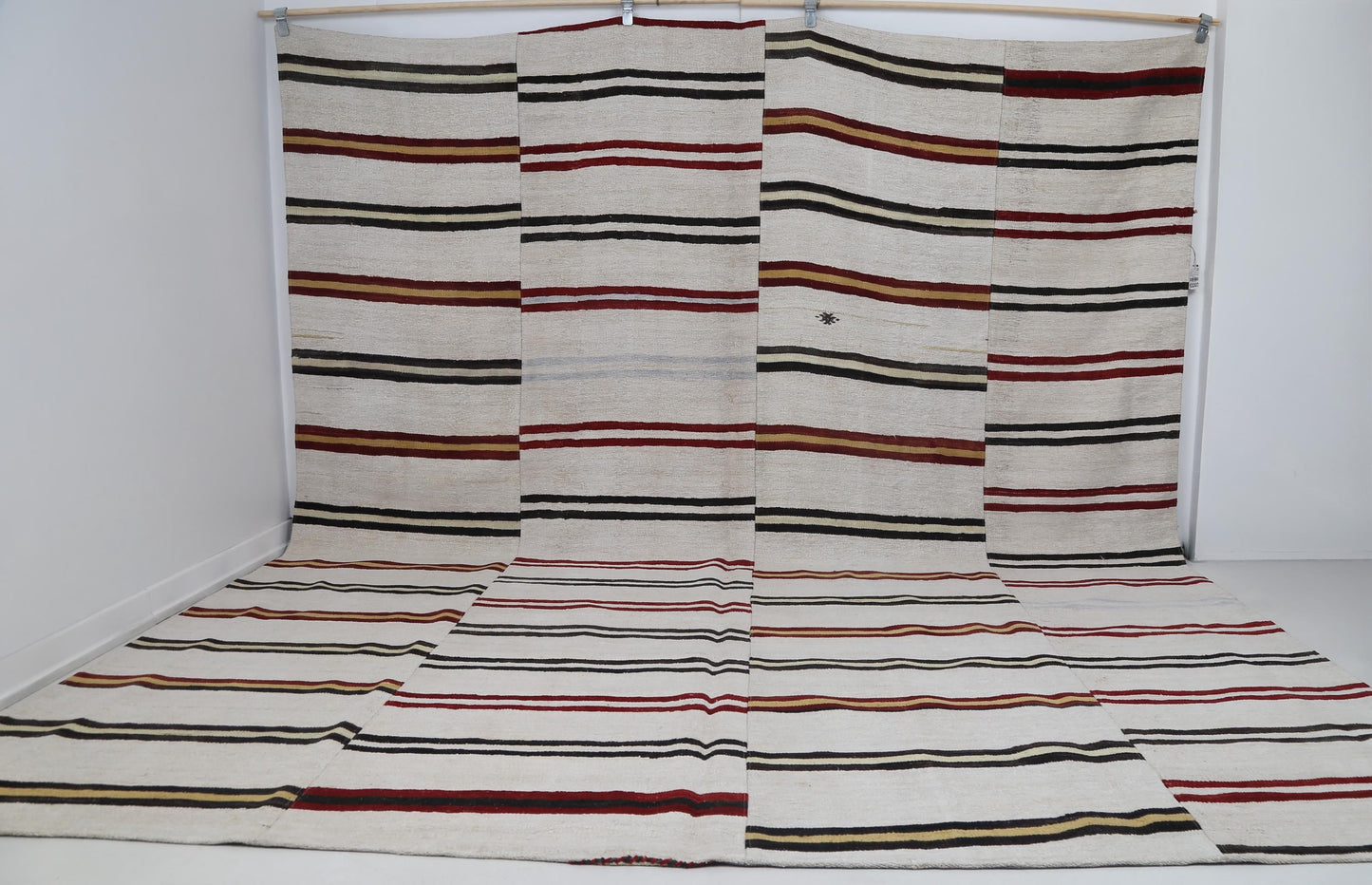 9x12 Vintage Turkish Hemp Rug, Handmade White Striped Flatweave Area Rug, Large Minimalist Wool Hemp Carpet