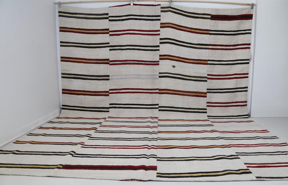 9x12 Vintage Turkish Hemp Rug, Handmade White Striped Flatweave Area Rug, Large Minimalist Wool Hemp Carpet