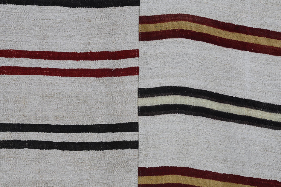 9x12 Vintage Turkish Hemp Rug, Handmade White Striped Flatweave Area Rug, Large Minimalist Wool Hemp Carpet