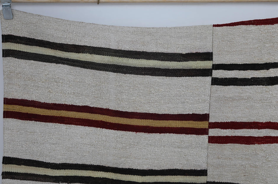 9x12 Vintage Turkish Hemp Rug, Handmade White Striped Flatweave Area Rug, Large Minimalist Wool Hemp Carpet